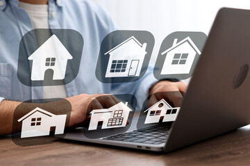House search. Man choosing home via laptop at table, closeup. Illustrations of different buildings...