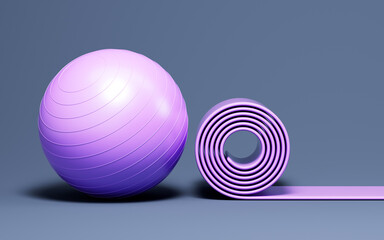 Cartoon yoga mat and yoga ball, sports fitness concept, 3d rendering.