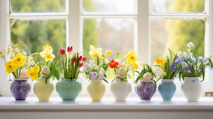 AI generated illustration of an assortment of vases sits on a windowsill next to tulips