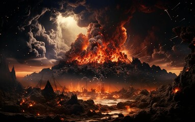 Powerful volcanic eruption in a dark and turbulent sky, AII-generated.