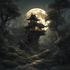 a very dark and eerie landscape with a chinese pagoda in the middle of it - obrazy, fototapety, plakaty