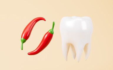 Cartoon teeth and chilli, diet and oral hygiene concept, 3d rendering.