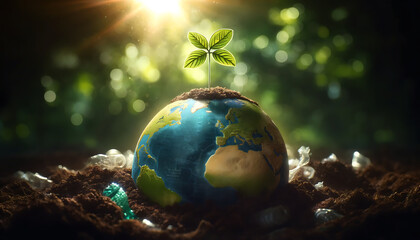 Happy Earth Day, Earth with a leaf clover on it and a green background - obrazy, fototapety, plakaty
