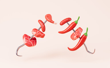 Cartoon meat and chilies, barbecue concept, 3d rendering.