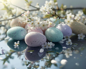 Fototapeta premium AI generated illustration of Easter eggs displayed on a table with spring flowers and branches