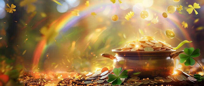 AI generated illustration of a pot of gold with falling lucky charms & coins