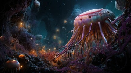 AI generated illustration of a jellyfish in an underwater cave illuminated by glowing lights - obrazy, fototapety, plakaty