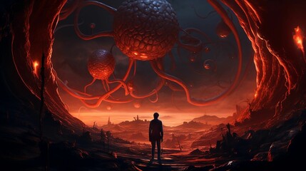 AI generated illustration of a man in front of a portal with red creatures in the sky - obrazy, fototapety, plakaty