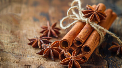 Cinnamon sticks and star anise artfully arranged on a vintage wooden table, showcasing a warm, inviting composition that highlights the spices' rich colors and intricate textures against the backdrop 