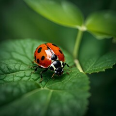 AI generated illustration of A vibrant red ladybug perched atop a green leaf