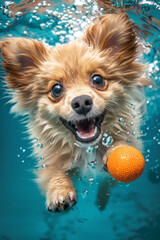 Joyful Pomeranian Fetching Orange Ball Underwater