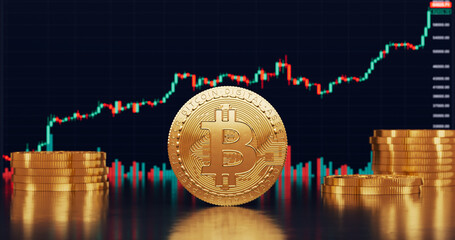 A bitcoin golden coin in front of a BTC candlestick price chart background in realistic 3D rendering. Bullish Bitcoin price rising, cryptocurrency, 2p2 exchange and blockchain concept
