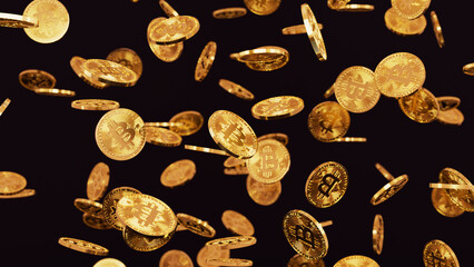 Rain of a bunch of golden bitcoin coins falling from above on a dark background in realistic 3D rendering. Cryptocurrency, 2p2 exchange and blockchain concept