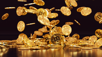 A bunch of golden bitcoin coins falling to the ground from above on a dark background in realistic 3D rendering. Bullish Bitcoin price rising, cryptocurrency, 2p2 exchange and blockchain concept