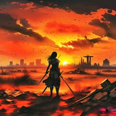 AI generated illustration of a confident samurai silhouette standing in ruin at red sunset