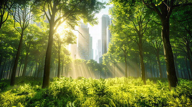 Sunlit Forest Pathway, Green Trees and Sunshine, Tranquil Nature Scene with Morning Light