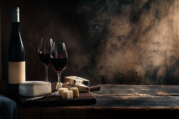 AI generated illustration of various types of cheese served with wine - obrazy, fototapety, plakaty