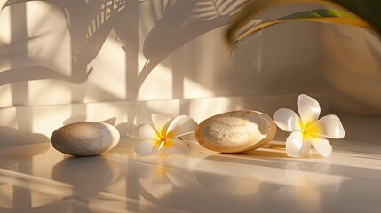 portrait shot, featuring three beige-colored rounded stones, a delicately adorned Hawaiian yellow plumeria plant, and a glowing white object, creating a serene and harmonious composition.
