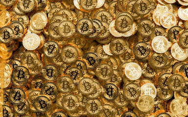 A lot of bitcoin golden coins seen from above, flat lay view in realistic 3D rendering. Bullish Bitcoin price rising, cryptocurrency, 2p2 exchange and blockchain concept