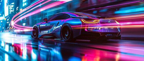 Futuristic car speeding through a neon-lit cityscape.