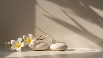 Obraz na płótnie Canvas portrait shot, featuring three beige-colored rounded stones, a delicately adorned Hawaiian yellow plumeria plant, and a glowing white object, creating a serene and harmonious composition.