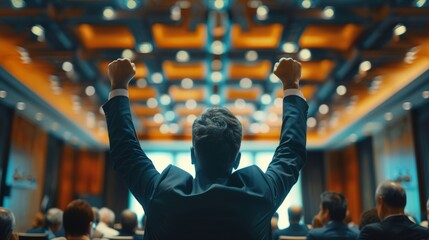 Businessman triumphantly raising fists at a conference.