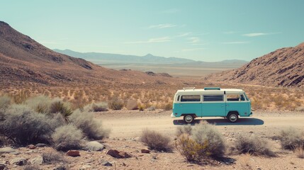 Vintage turquoise van stands in the solitude of a sprawling desert