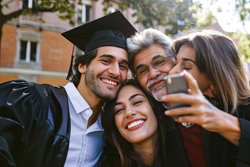 College graduate son kissing happy family taking selfie