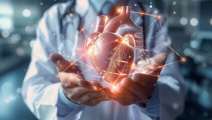 The doctor holds in his hands a hologram of a human heart. Concept of cardiology and innovative technologies.