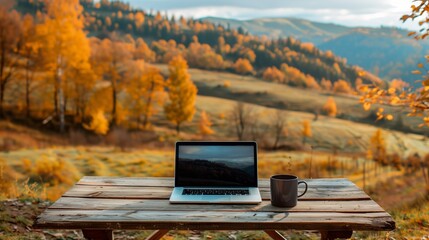 A laptop and a cup of coffee on a wooden table against the backdrop of the beautiful autumn nature of mountains and forests.