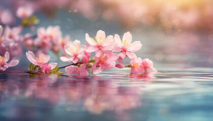 Close-up of pink blossoms in the water. Beautiful flowers. Floral branch. Spring season.