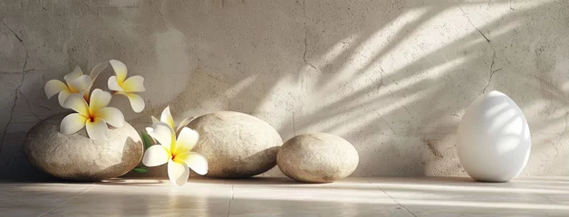 Zelfklevend Fotobehang portrait shot, featuring three beige-colored rounded stones, a delicately adorned Hawaiian yellow plumeria plant, and a glowing white object, creating a serene and harmonious composition. © lililia