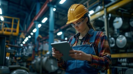 Concentrated female engineer with tablet in factory, safety helmet and glasses on.