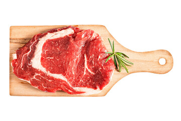 A piece of meat rests on a rustic wooden cutting board