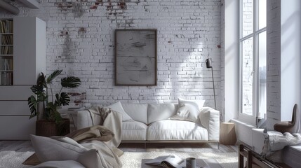a small unit living room adorned with minimalist style, featuring soft brick accents, a comfortable sofa, and latex paint walls in a serene milk white hue. - obrazy, fototapety, plakaty