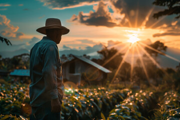 a farmer standing in a field with the sun setting in the background