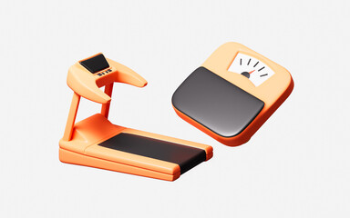 Cartoon weight scale and running machine, health and exercise concept, 3d rendering.