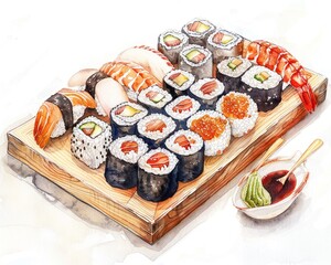 A playful watercolor rendering of a 3D sushi platter with detailed rice grains and shiny fish