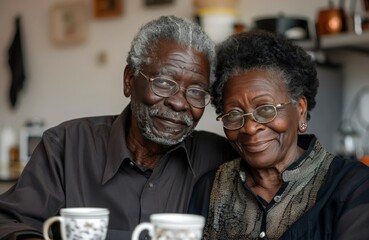  Elderly african american couple drinks morning coffee and communicates against the background of a bright, cozy kitchen. Family traditions. The concept of love, communication, family breakfasts.
