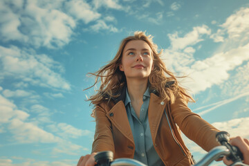 Friendly woman on the way to work by bike. Outdoors from low angle view.