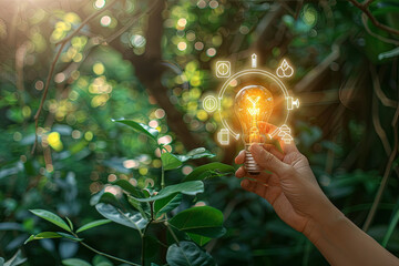 Hand holding light bulb against nature on green leaf