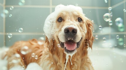 Golden Retriever's Joyful Bubble Bath Time