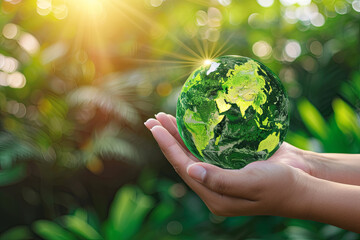 Hand of human holding green world with environment icon