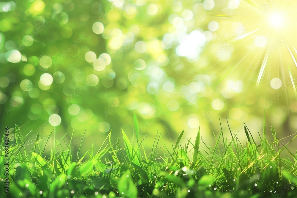 Aufkleber summer background with green grass with drops of dew and sun rays, bokeh. blurred background. copy s