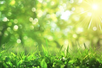 Summer background with green grass with drops of dew and sun rays, bokeh. Blurred background. Copy space.