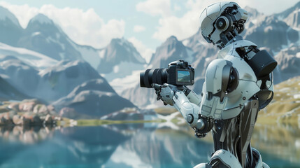 Concept of AI technology in content production. A robot with a camera in his hands takes pictures of the landscape.