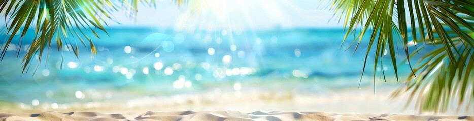 Beautiful summer background with palm leaves against the backdrop of a sandy sea beach under a blue sky. The background is blurred. Copy space. Banner. - obrazy, fototapety, plakaty