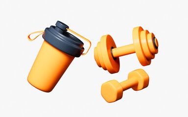 Cartoon dumbbells and sport cup, sports and fitness concept, 3d rendering.