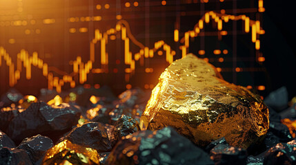 Pure gold ore found in mine on black background with gold price chart  - obrazy, fototapety, plakaty