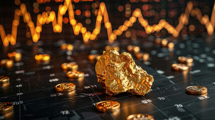 Pure gold ore found in mine on black background with gold price chart  - obrazy, fototapety, plakaty